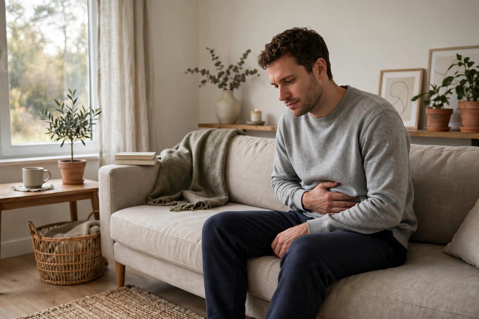 A person holding their stomach in discomfort, illustrating irritable gut syndrome symptoms.