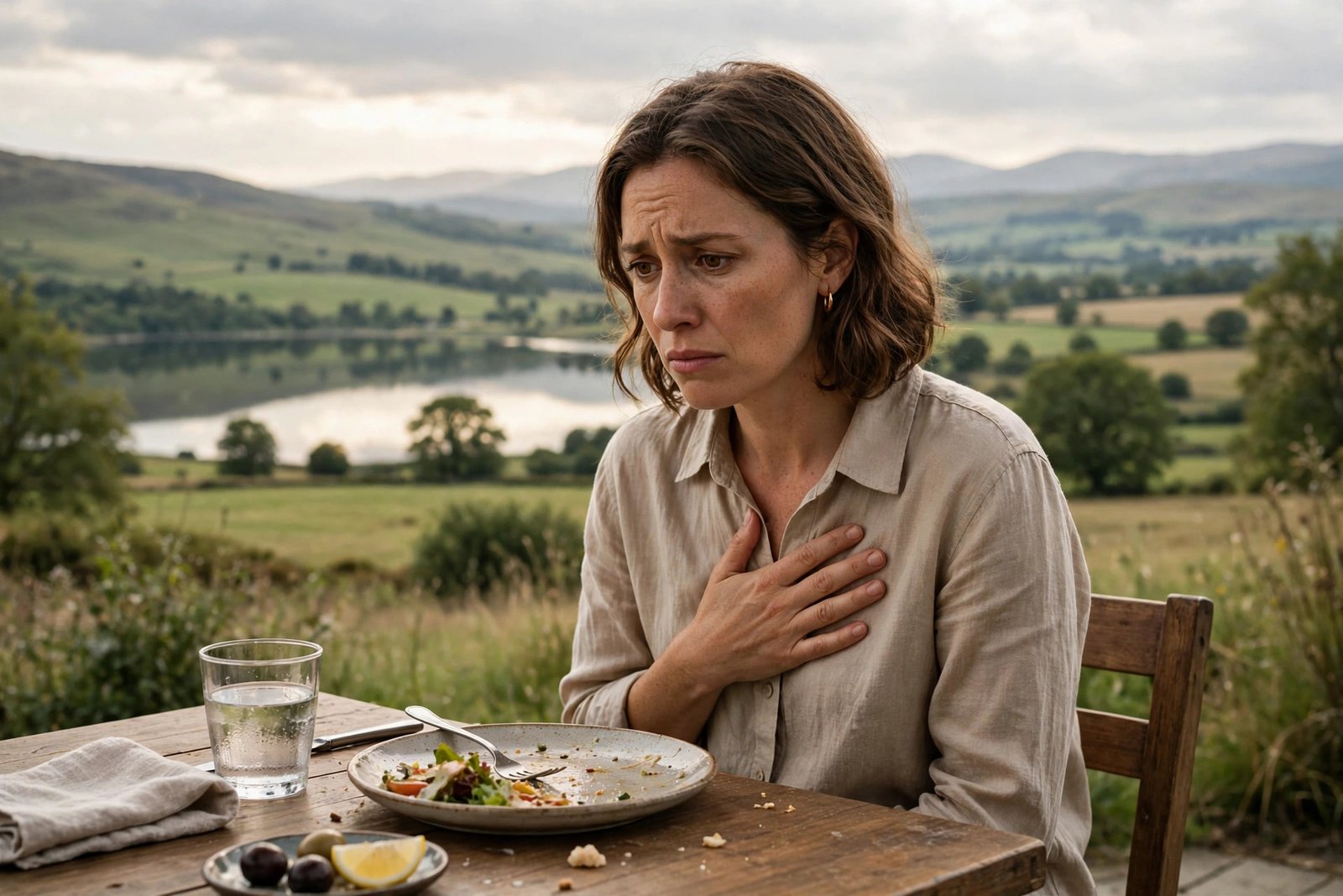 A person clutching their chest with a pained expression, illustrating what heartburn feels like.