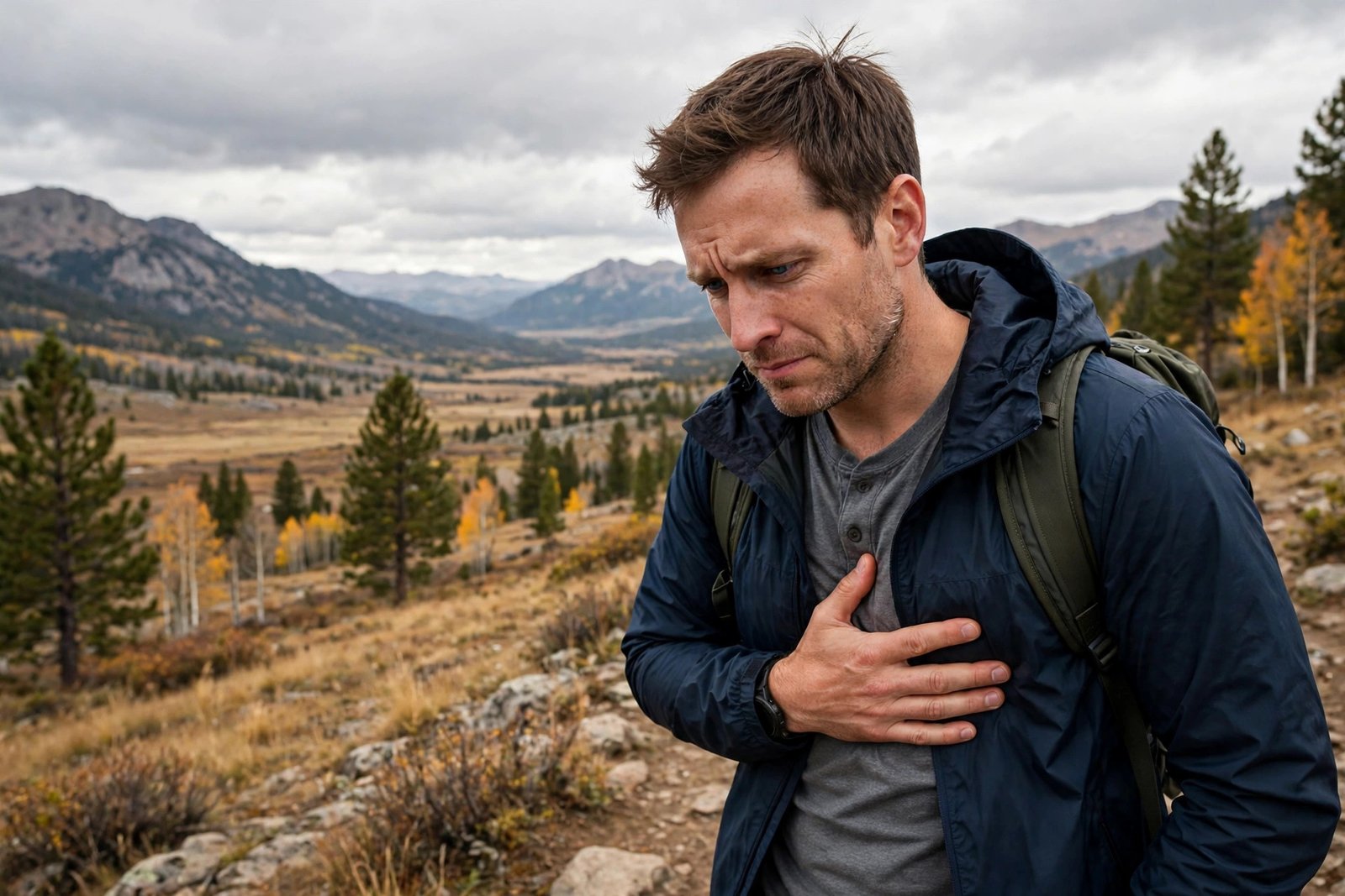 A person holding a hand to their upper abdomen and chest, illustrating general upper digestive discomfort.
